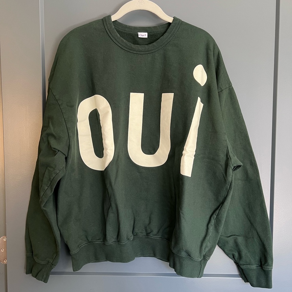 Clare V Oversized Forest Green "OUI" Graphic Sweatshirt XL - Picture 2 of 10